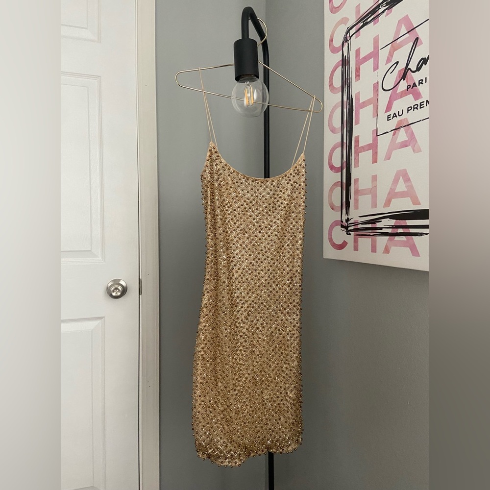 Oh Polly Drop a Glint Embellished Mini Dress in Gold